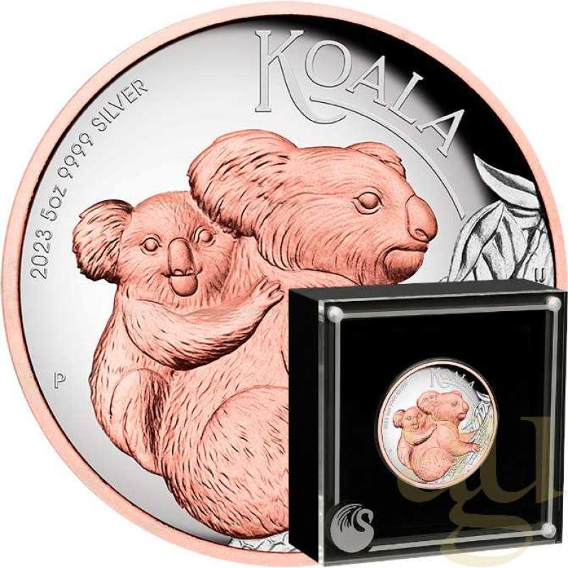 5 Unzen Silbermünze Australien Koala 2023 - High Relief - polierte Platte - rosè vergoldet