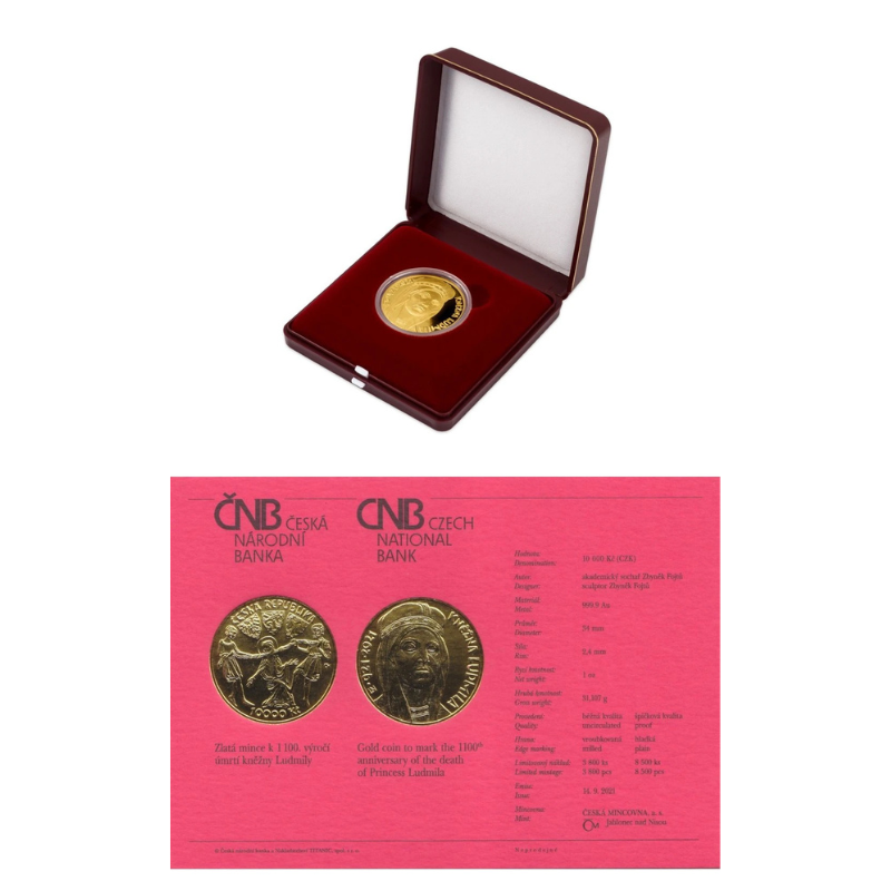 2x Zlatá mince 10 000 Kč Kněžna Ludmila – 1100. výročí úmrtí (1 Oz) 2021 Proof 30052026
