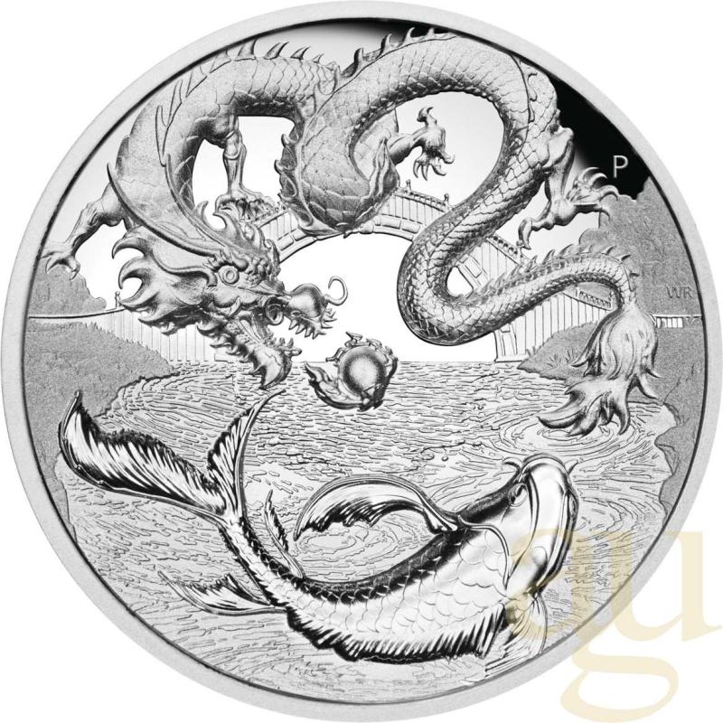 2 Unzen Silbermünze Australien Drache & Koi 2023 - High Relief - polierte Platte