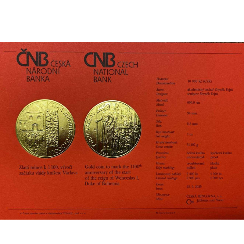 2025 - PZM 10000 Kč Začátek vlády knížete Václava (1100.VÝROČÍ) 1 OZ PROOF