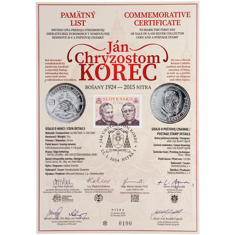 Lot AG mincí Proof a BK s pamätným listom - Ján Chryzostom Korec