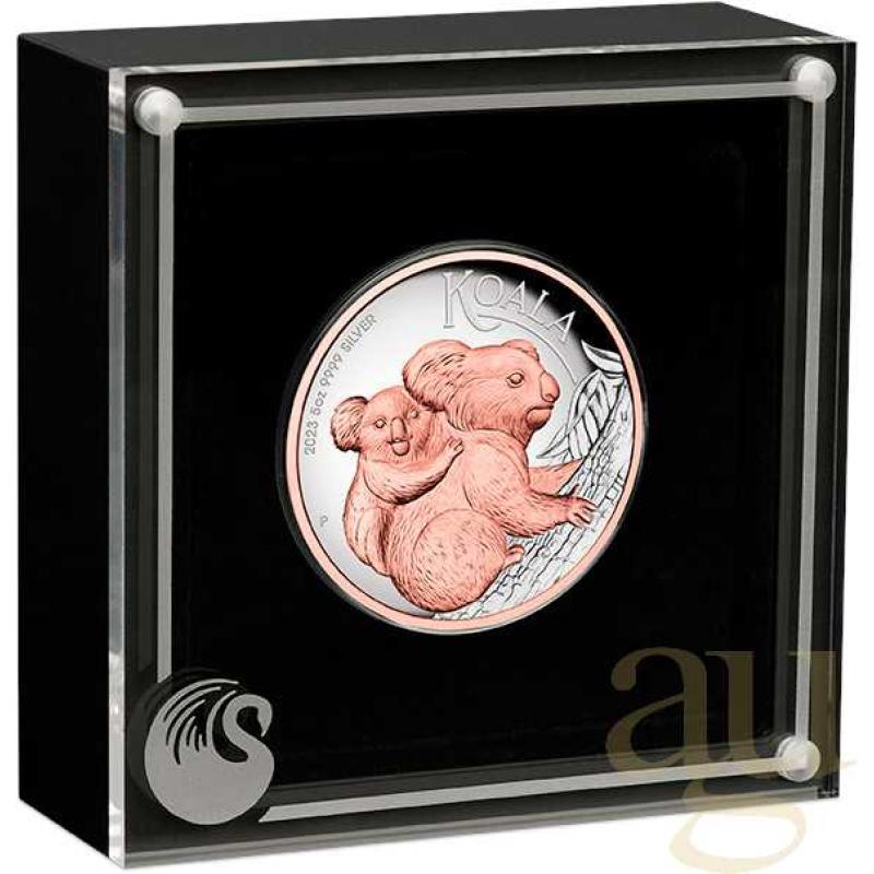 5 Unzen Silbermünze Australien Koala 2023 - High Relief - polierte Platte - rosè vergoldet