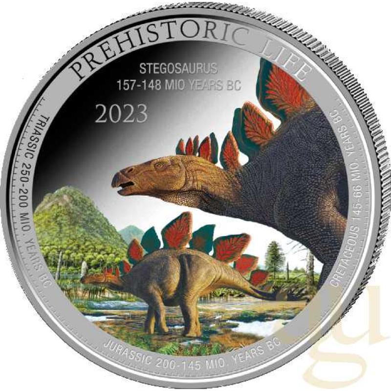 1 Unze Silbermünze Prehistoric Life - Stegosaurus 2023 coloriert