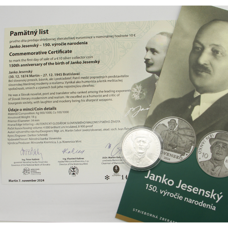 2024 PSM 10 eur Janko Jesenský - 150. výročí narození BK + Pamětní list