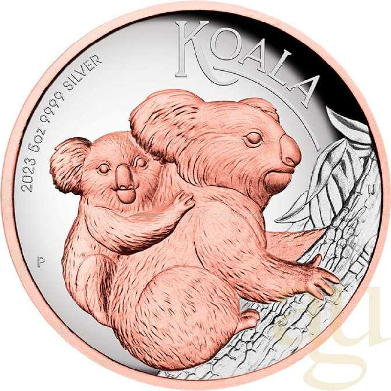 5 Unzen Silbermünze Australien Koala 2023 - High Relief - polierte Platte - rosè vergoldet