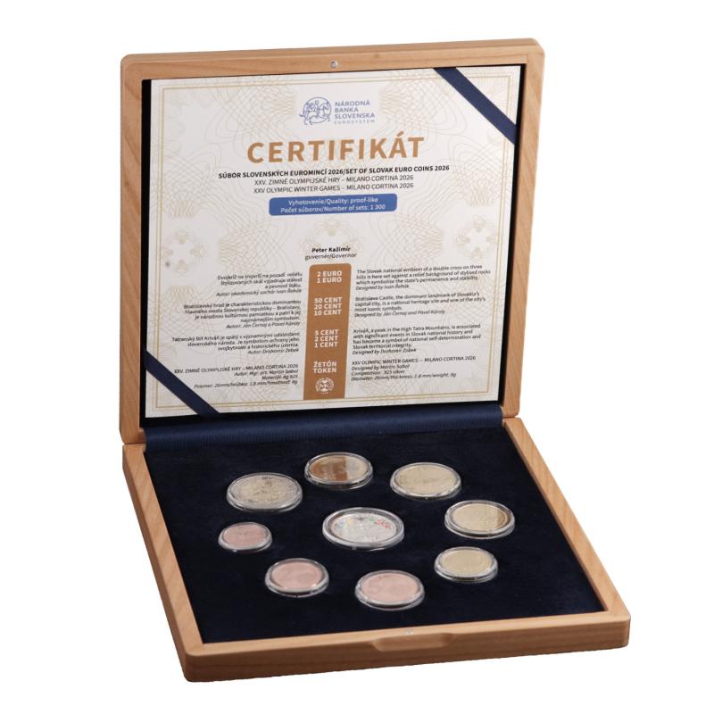 Soubor mincí SK (2026) proof like v dřevěné kazetě - XXV. ZOH Milano - Cortina d'Ampezzo