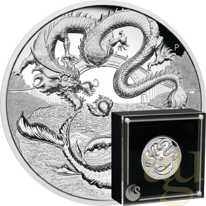 2 Unzen Silbermünze Australien Drache & Koi 2023 - High Relief - polierte Platte