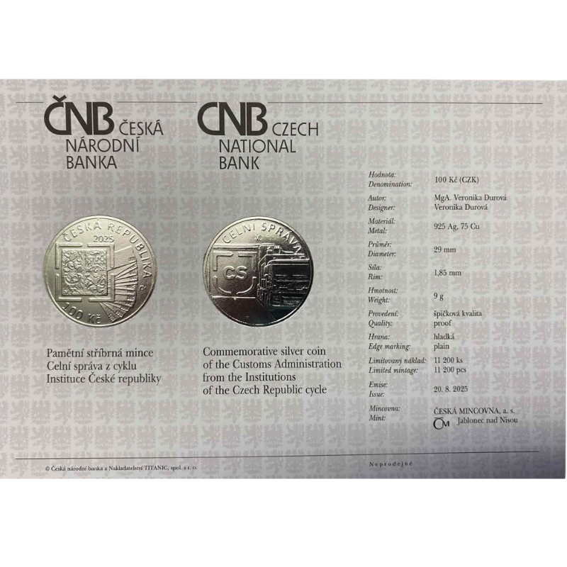 2025 - PSM 100Kč Celní správa Proof