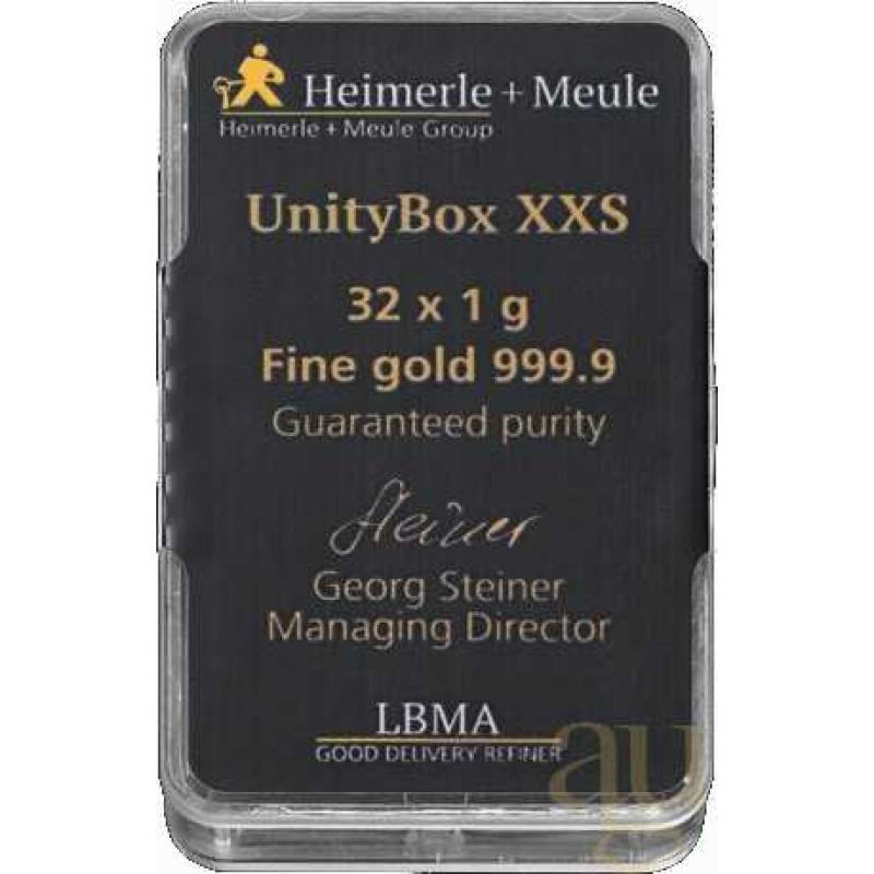 32 x 1 Gramm Goldbarren Heimerle + Meule UnityBox