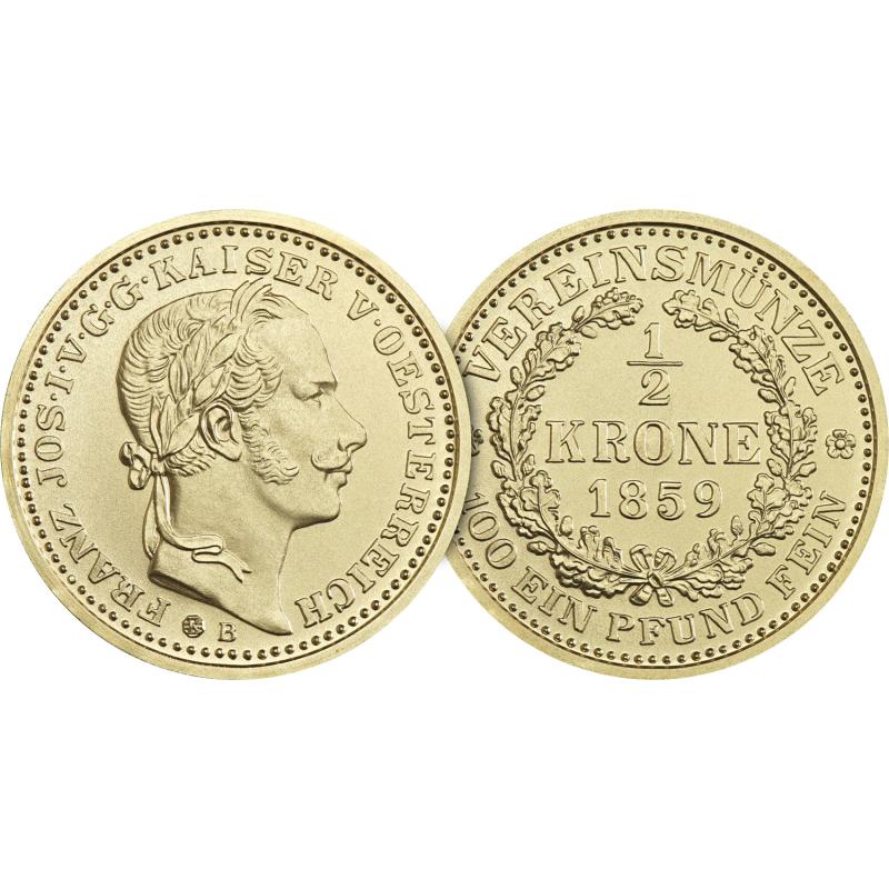 Zlatá medaile - Kremnické razby Františka Jozefa - spolková 1/2 koruna 1859 253