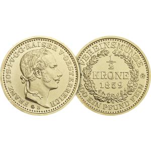 Zlatá medaile - Kremnické razby Františka Jozefa - spolková 1/2 koruna 1859 253