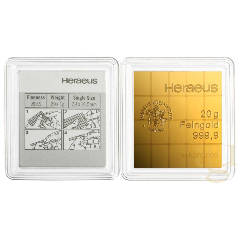 20 x 1g Gold Heraeus Combibarren / Goldtafel / Tafelbarren