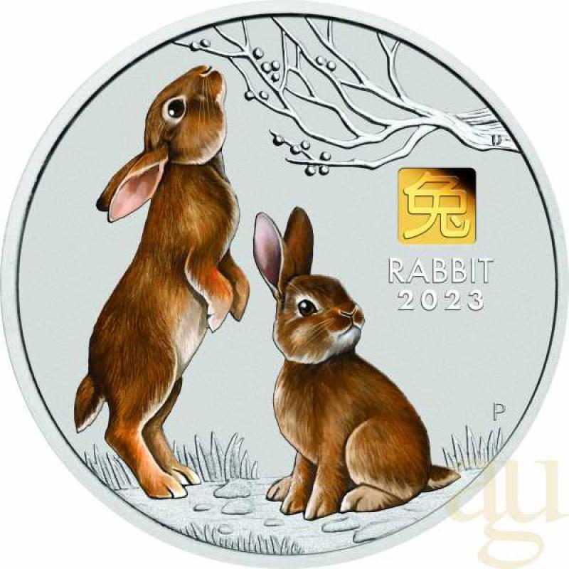 1 Kilogramm Silbermünze Australien Lunar III Hase 2023 - coloriert mit 1g Gold Privy Mark