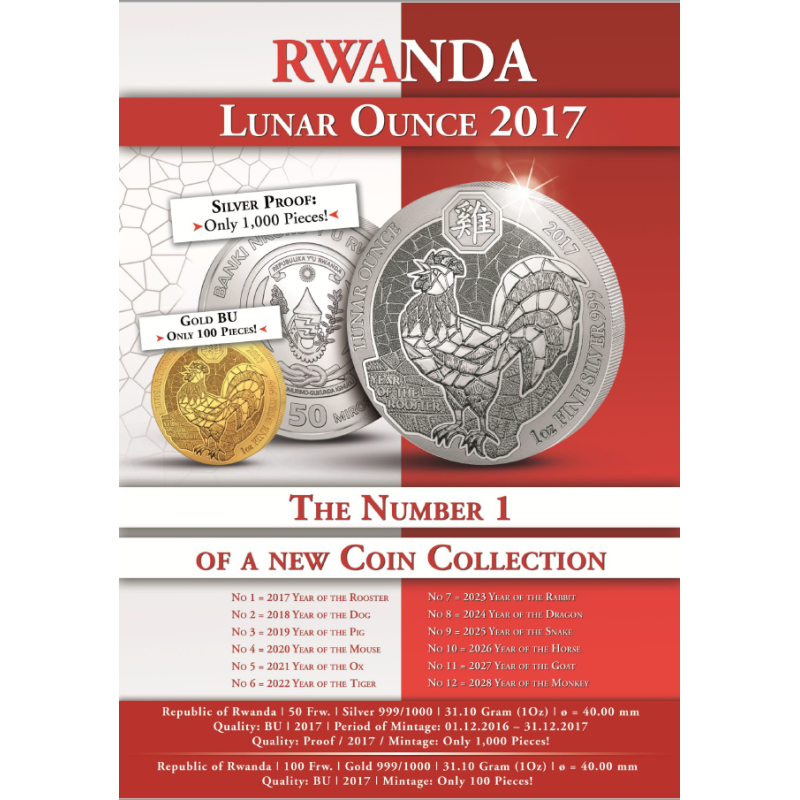 1 unce zlatá mince Rwanda Lunar kohout 2017