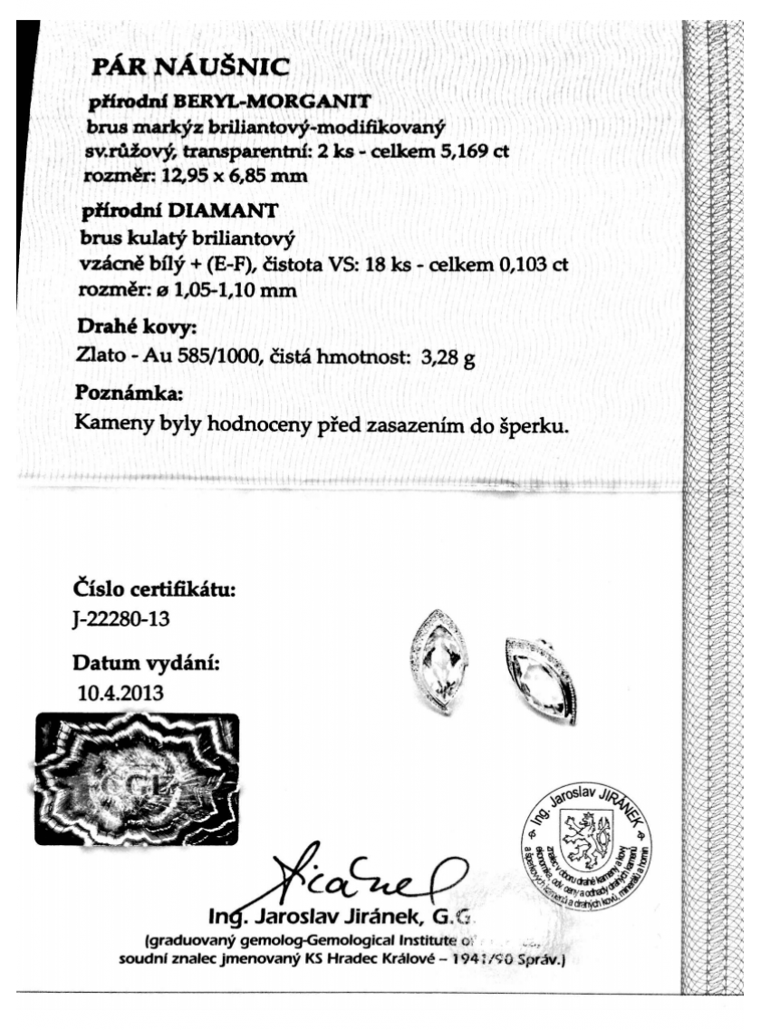 Náušnice AU 585/1000 př. Beryl-Morganit+př. Diamant 3,28gr OPTIMA DIAMANT  JO2228004