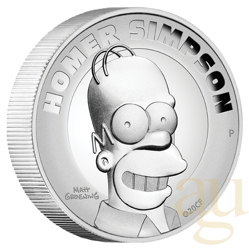 2 unce stříbrná mince Tuvalu The Simpsons - Homer Simpson 2021 - leštěná deska - High Relief