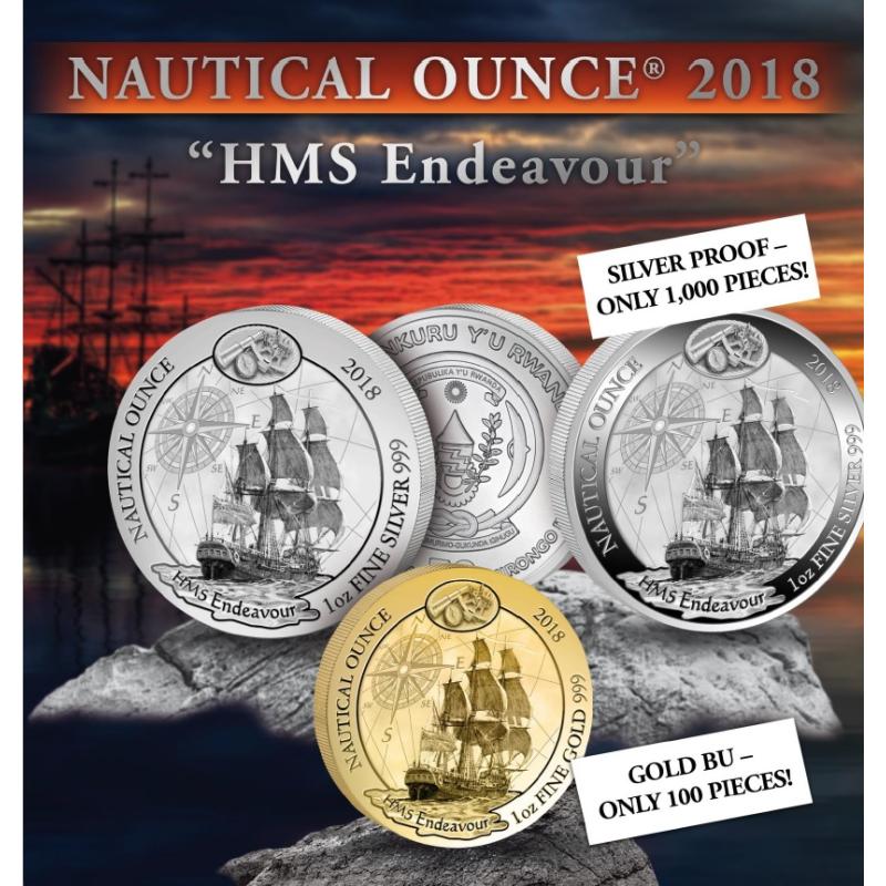 1 unce zlatá mince Rwanda Nautical Serie - HMS Endeavour 2018