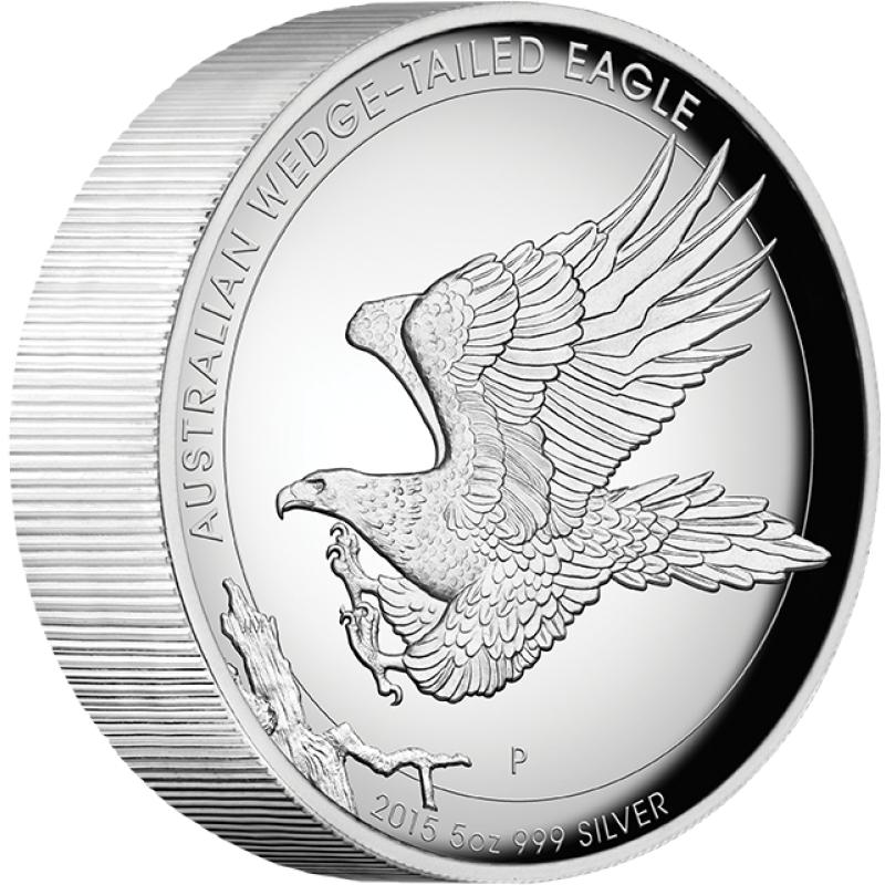 5 uncí stříbrná mince Austrálie Wedge Tailed Eagle 2015 High Relief - leštěná deska