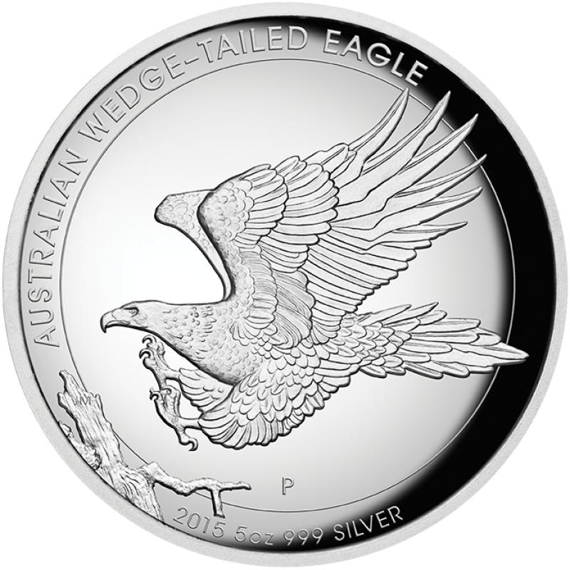 5 uncí stříbrná mince Austrálie Wedge Tailed Eagle 2015 High Relief - leštěná deska