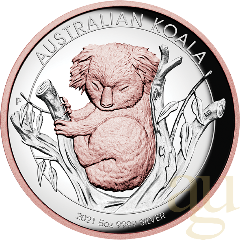 5 uncí stříbrná mince Austrálie Koala 2021 - High Relief - leštěná deska - rosè vergoldet