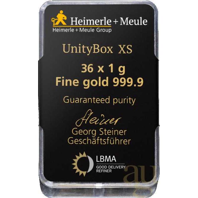 36 x 1 gramů zlatý slitek Heimerle + Meule UnityBox