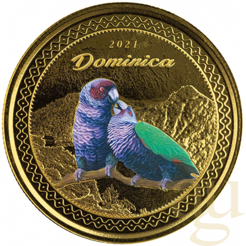 1 Unze Goldmünze EC8 Dominica - Parrots 2021 - coloriert