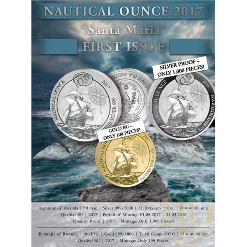 1 Unze Silbermünze Ruanda Nautical Serie - Santa Maria 2017 - polierte Platte