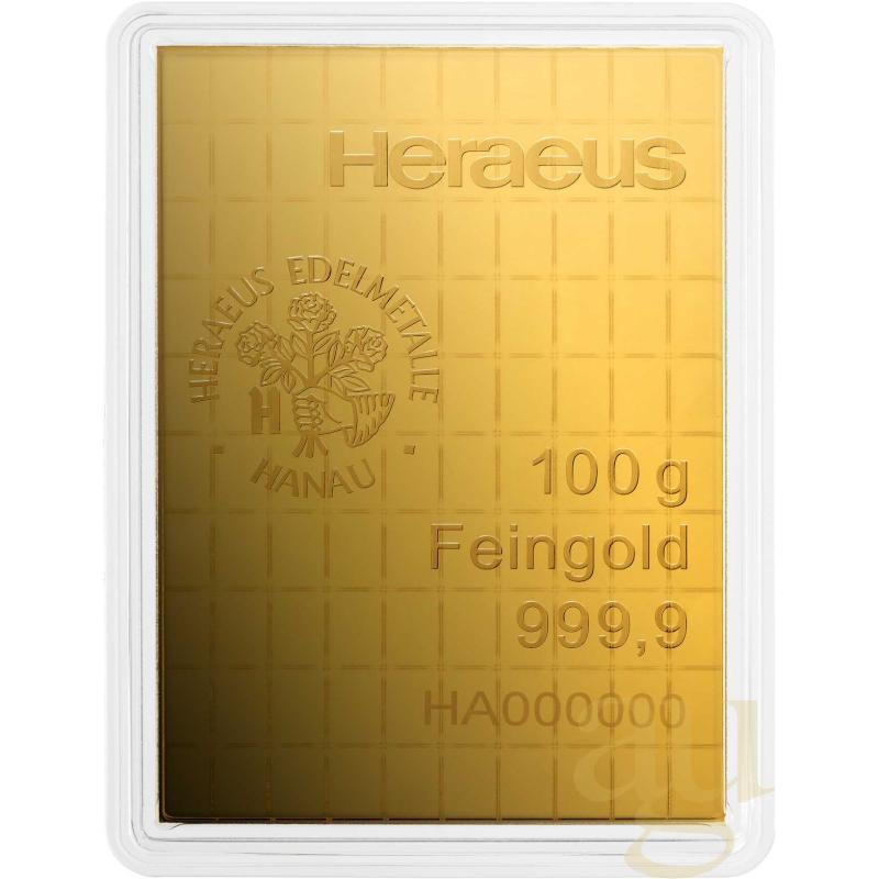 100 x 1g Gold Heraeus Combibarren / Goldtafel / Tafelbarren