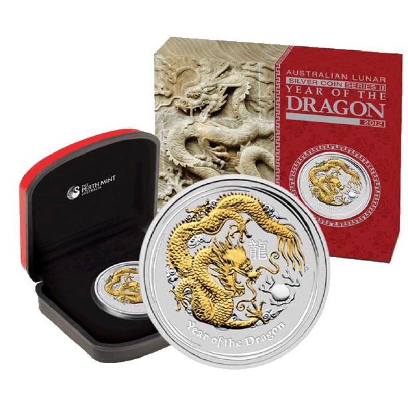 1 unce stříbrná mince Austrálie Lunar II drak 2012 teilvergoldet + Box + Zertifikat