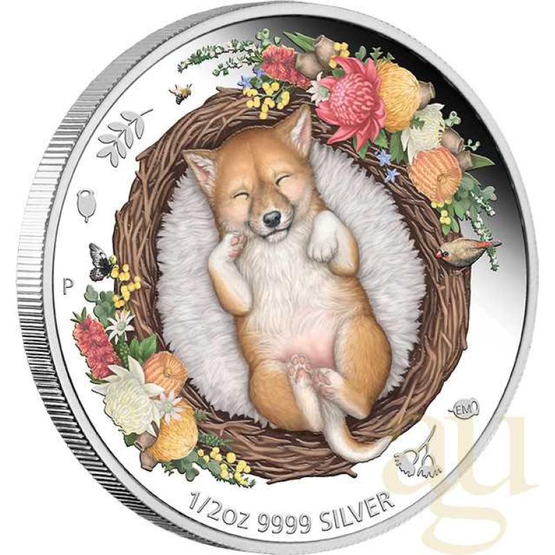 1/2 unce stříbrná mince Austrálie Dreaming Down Under - Baby Dingo 2021 - proof color