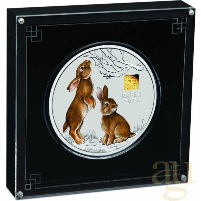 1 Kilogramm Silbermünze Australien Lunar III Hase 2023 - coloriert mit 1g Gold Privy Mark