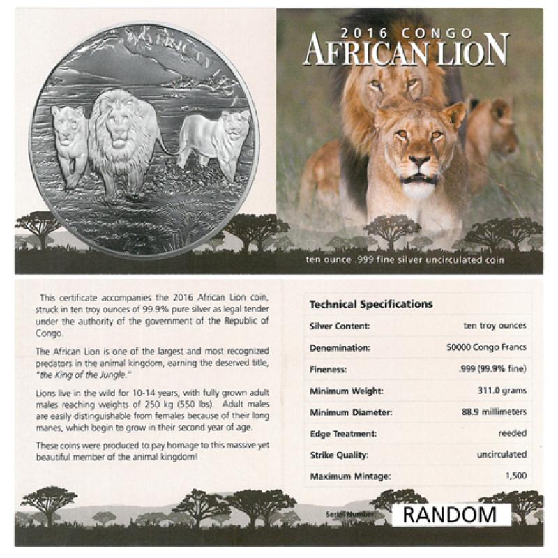 10 uncí stříbrná mince Afrika Kongo Löwe 2016