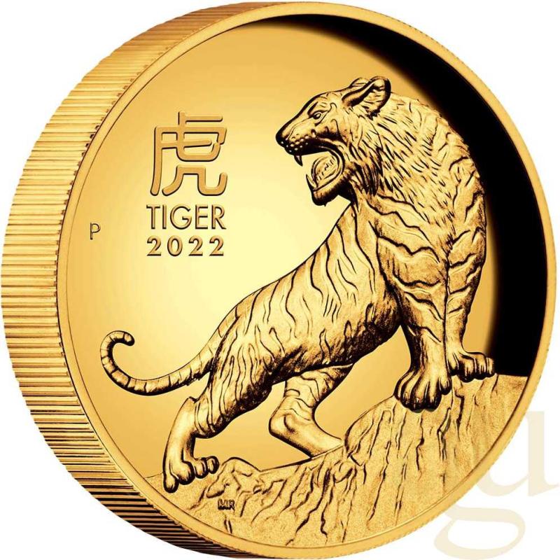 1 unce zlatá mince Austrálie Lunar III tygr 2022 - leštěná deska - High Relief
