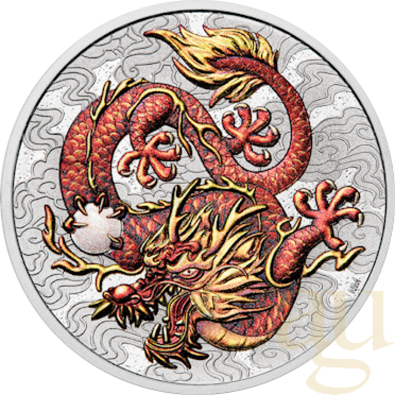 1 Unze Silbermünze Australien Chinese Myths and Legends Drache 2021 - Rot/Gold coloriert