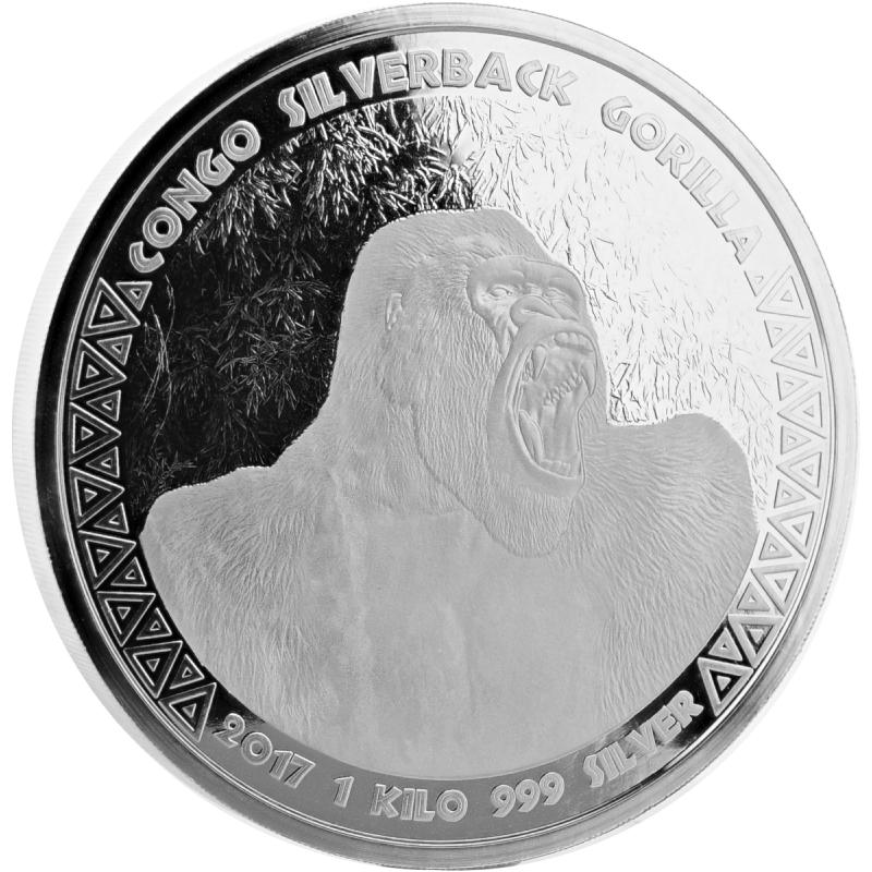 1 kilogram stříbrná mince Afrika Kongo Silberrücken Gorilla 2017