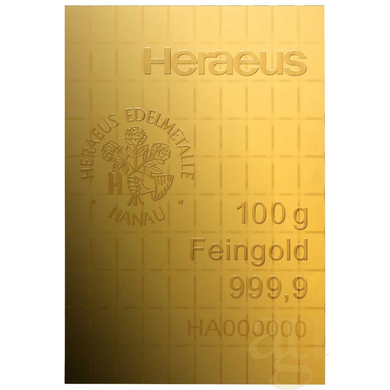 100 x 1g Gold Heraeus Combibarren / Goldtafel / Tafelbarren