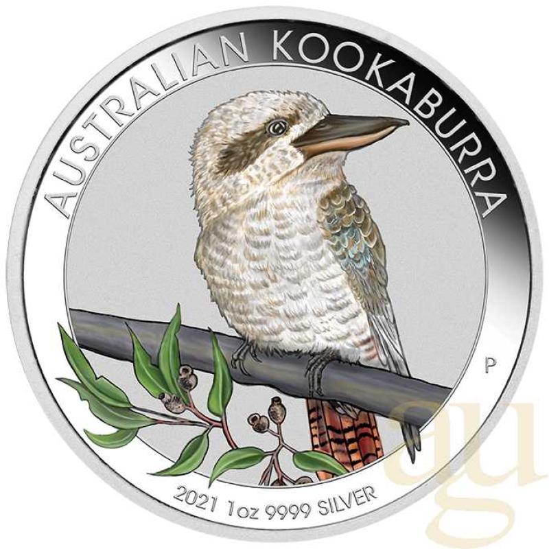 1 unce stříbrná mince Austrálie Kookaburra 2021 - coloriert