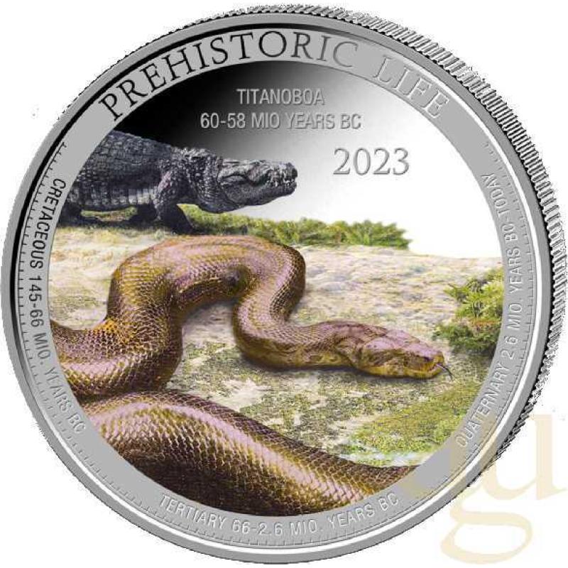 1 Unze Silbermünze Prehistoric Life - Titanoboa 2023 coloriert