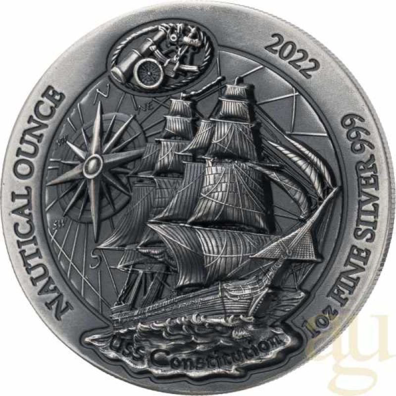 1 Unzen Silbermünze Ruanda Nautical Serie - USS Constitution 2022 - High Relief