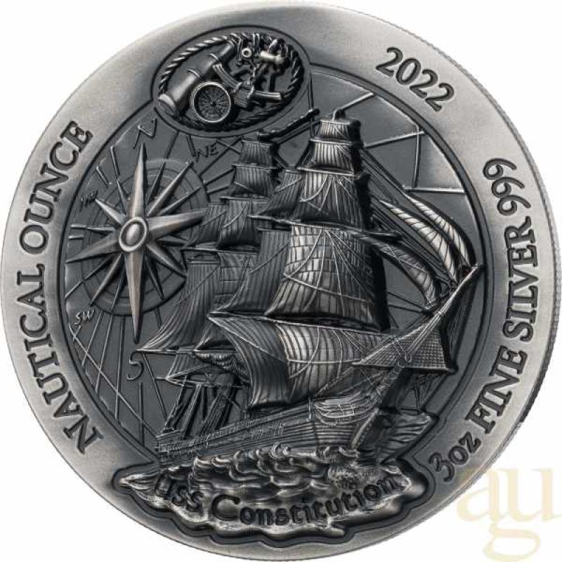 3 Unzen Silbermünze Ruanda Nautical Serie - USS Constitution 2022 - High Relief