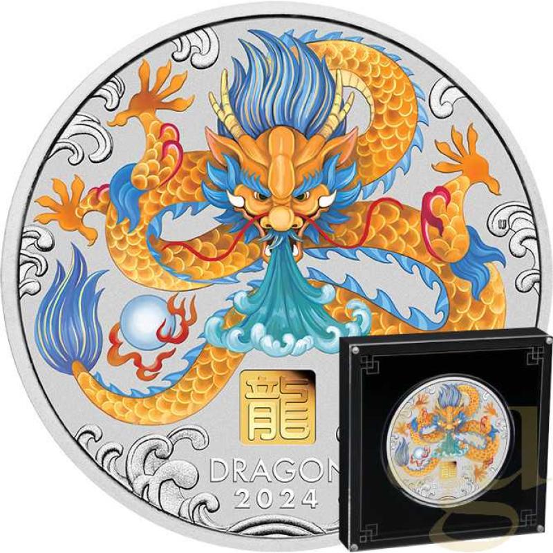 1 Kilogramm Silbermünze Australien Lunar III Drache 2024 - coloriert mit 1g Gold Privy Mark