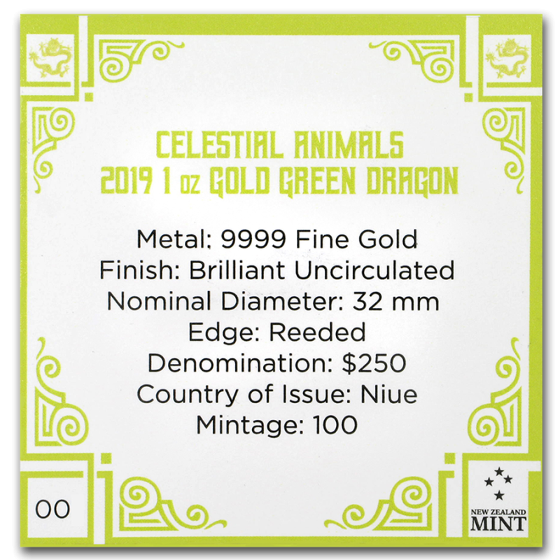 1 unce zlatá mince Niue Celestial Animals - The Green Dragon 2019