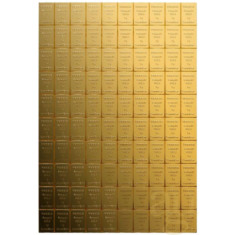 100 x 1g Gold Heraeus Combibarren / Goldtafel / Tafelbarren