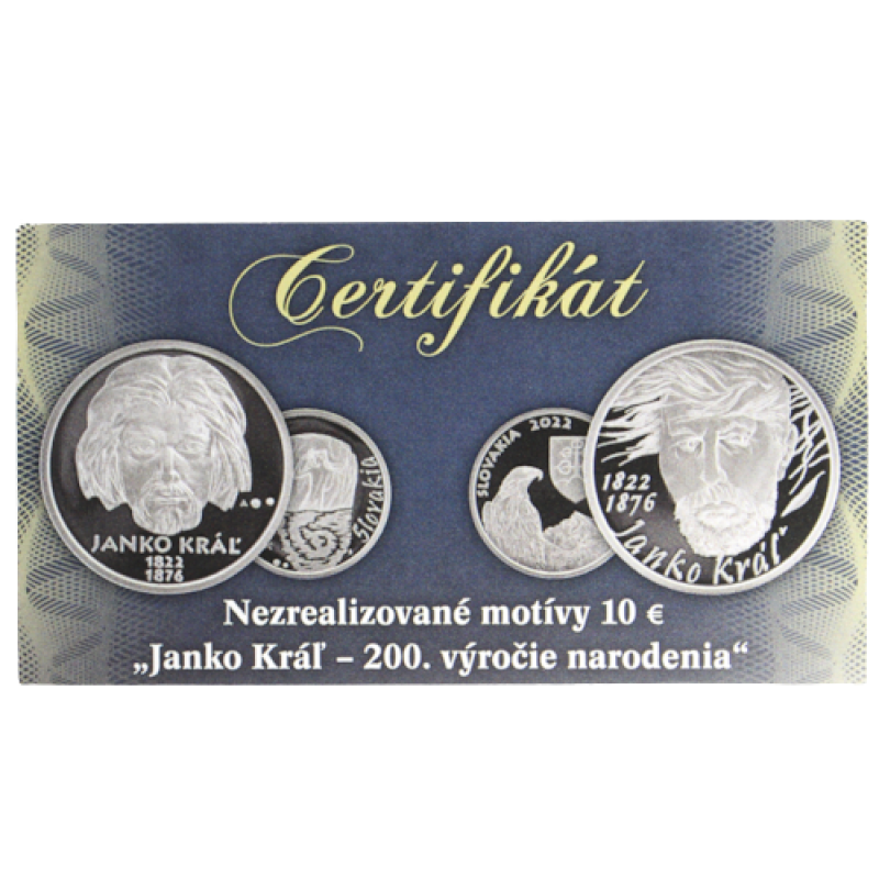 Medaile Ag - Nezrealizované motivy sběratelských mincí - 10 € Janko Král - 200. výročí narození PROOF