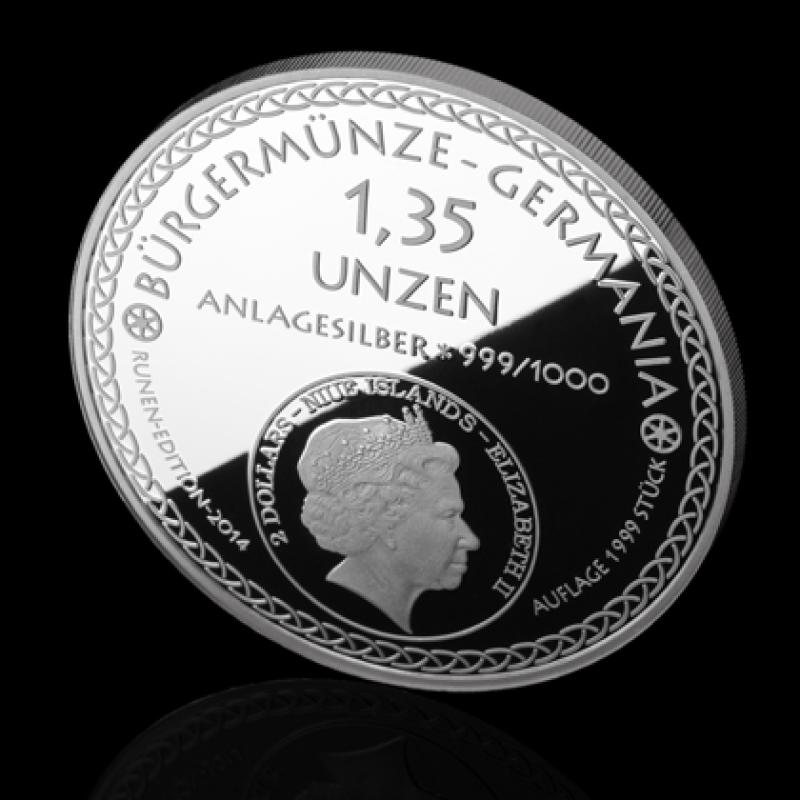 1,35 uncí stříbrný Bürgermince Germania 2014 - Runen-Edition - leštěná deska