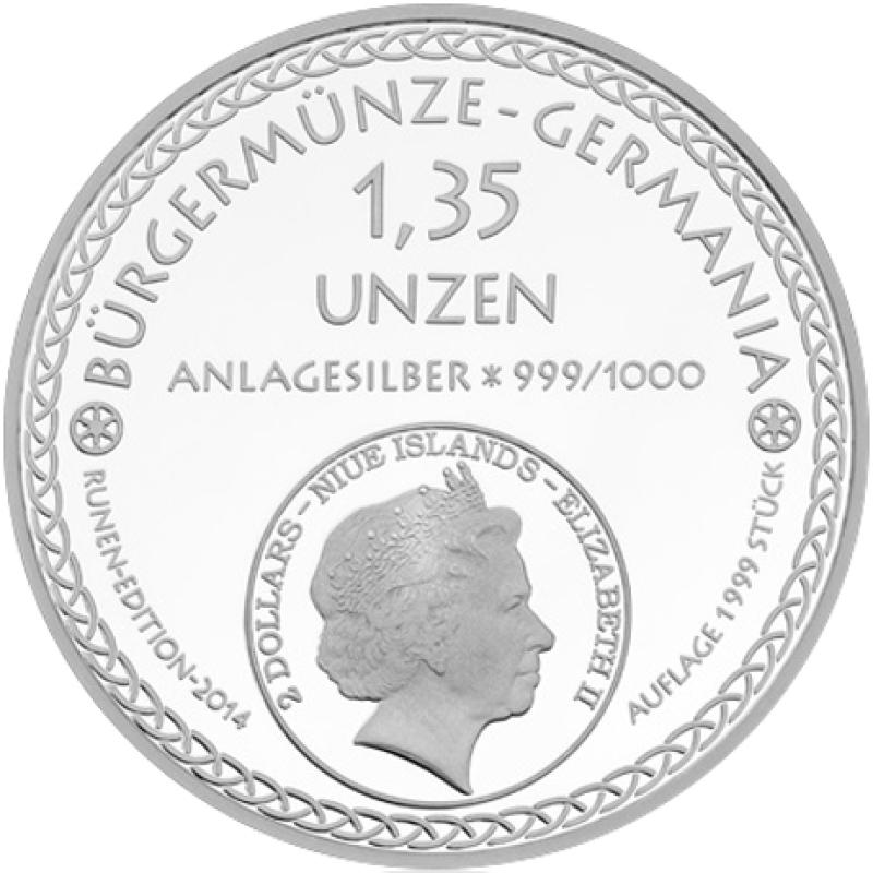 1,35 uncí stříbrný Bürgermince Germania 2014 - Runen-Edition - leštěná deska