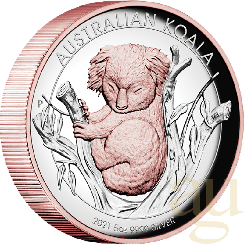 5 uncí stříbrná mince Austrálie Koala 2021 - High Relief - leštěná deska - rosè vergoldet