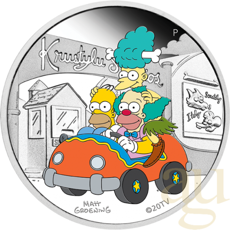 1 Unze Silbermünze Tuvalu The Simpsons - Krustylu Studios 2022 polierte Platte - coloriert