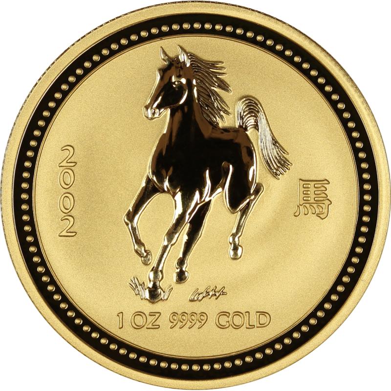 10 uncí zlatá mince Lunar I kůň 2002