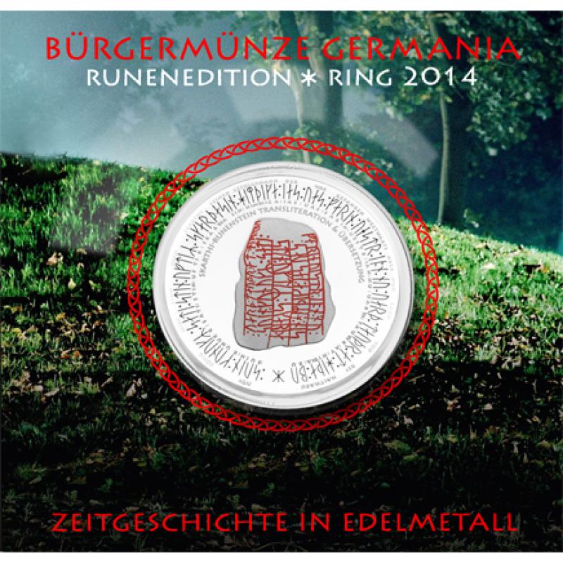 1,35 uncí stříbrný Bürgermince Germania 2014 - Runen-Edition - leštěná deska